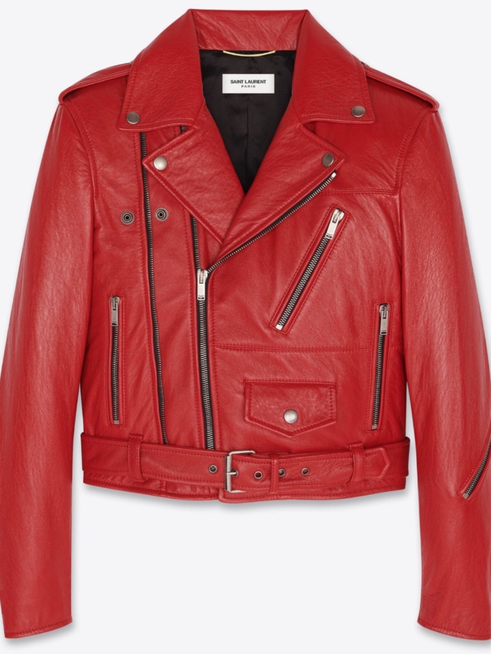 Saint Laurent YSL Red Lambskin Leather Motorcycle Moto Zip Belted Biker Jacket